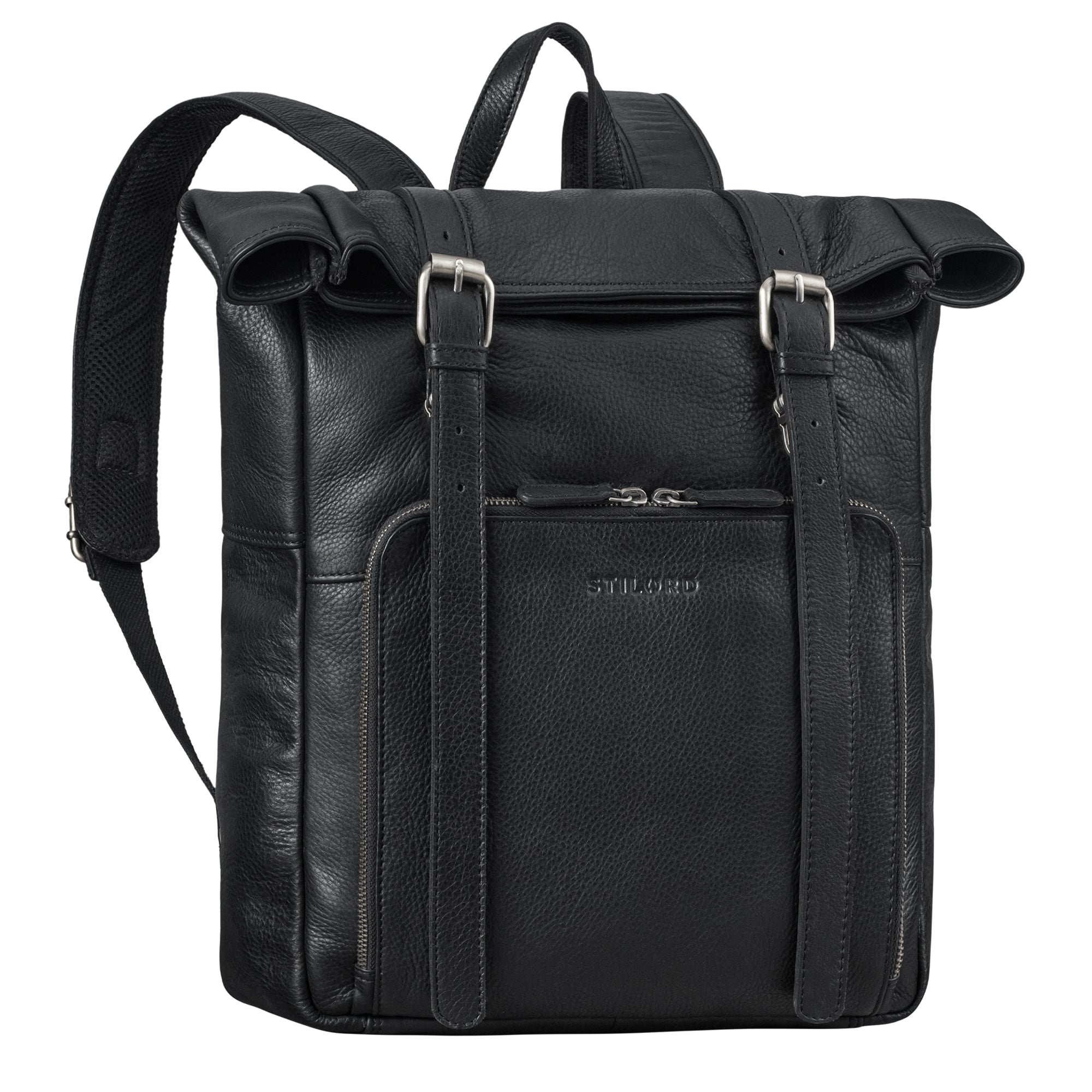 leder rucksack rolltop laptop damen schwarz
