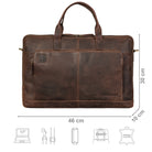 Aktentasche Leder braun mit Größenangaben und zusätzlichen Merkmal Icons