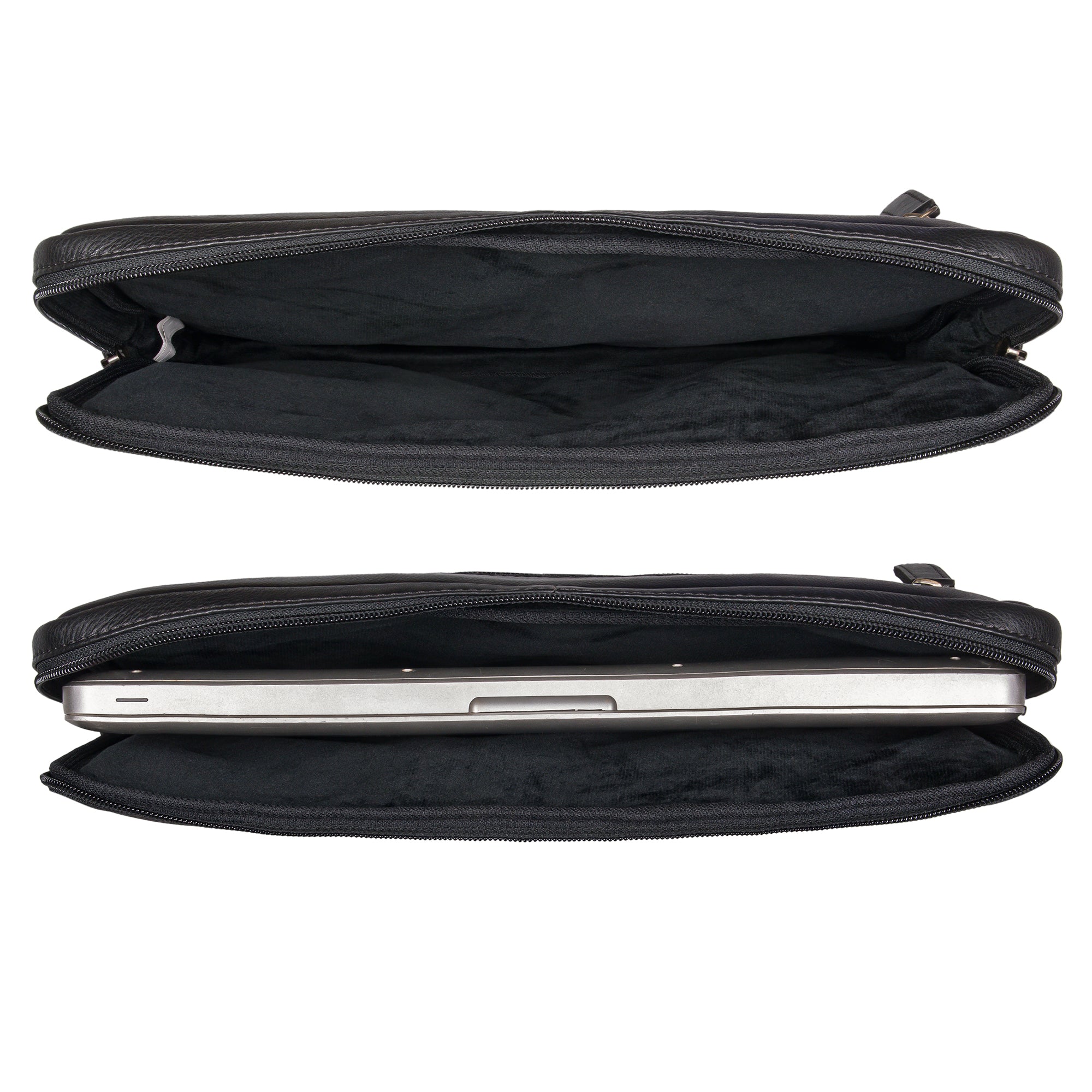 Laptoptasche Leder schwarz im leeren und gefüllten Zustand aus der Draufsicht