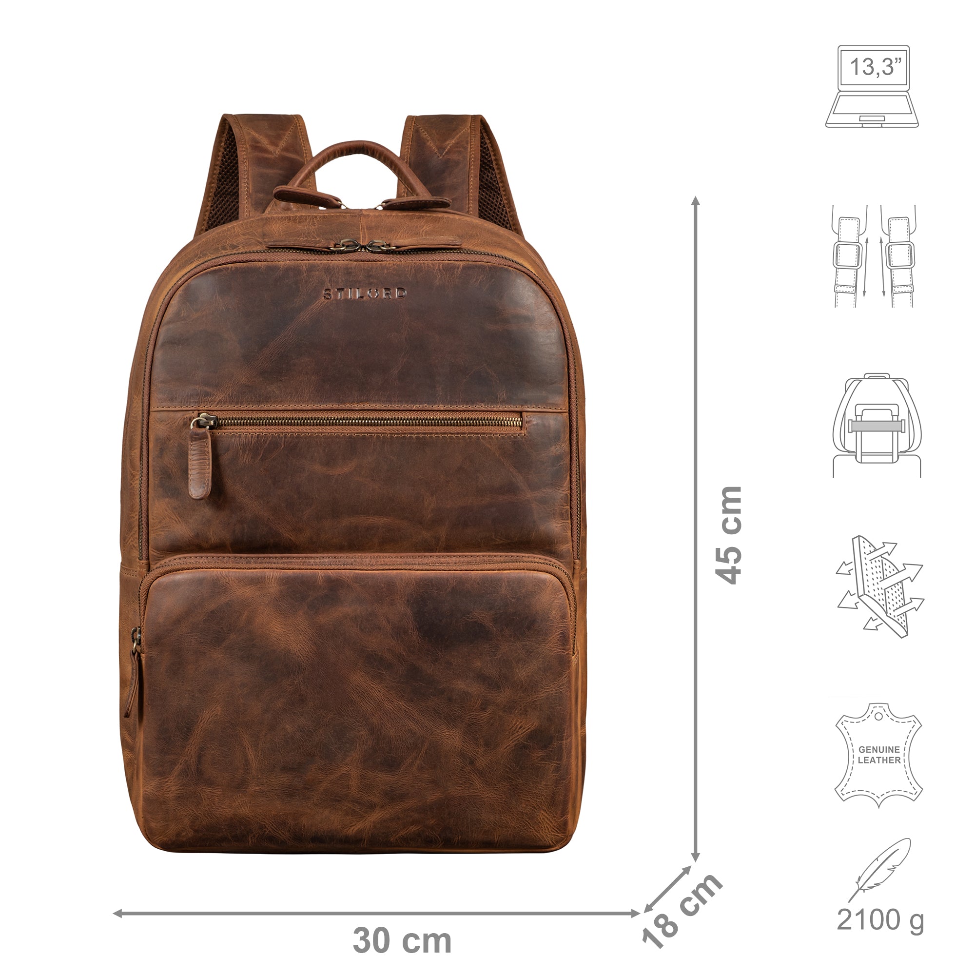 Rucksack Laptop Braun mit Größenangaben und zusätzlichen Icons