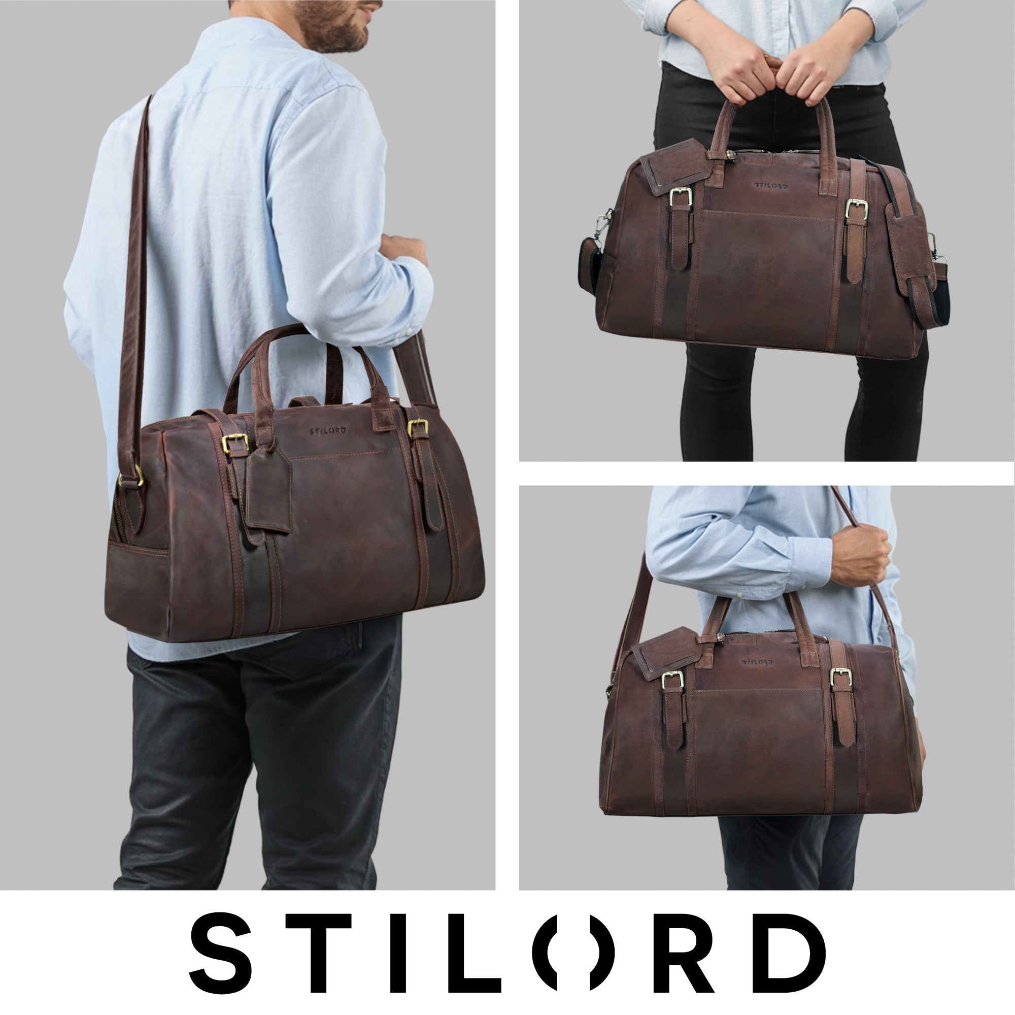 Echtleder Reisetasche Cognac Dunkelbraun mit abnehmbaren Gurt für Herren und Damen 