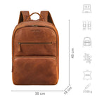 Rucksack Leder Cognac mit Größenangaben und zusätzlichen Icons