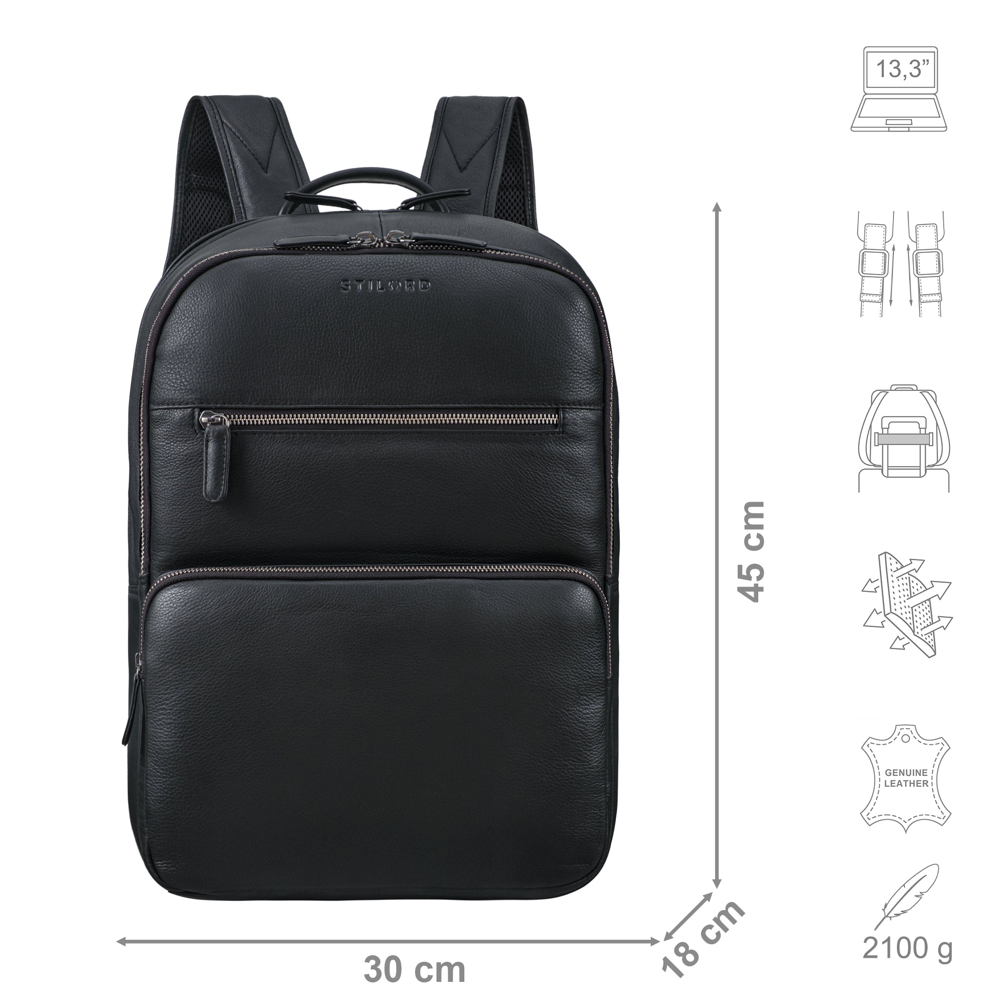 Lederrucksack Schwarz mit Größenangaben und zusätzlichen Icons